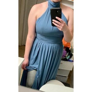 Tie Mock Neck Halter Style Ruched Steel Dusty Blue Bridesmaid Dress Size 14